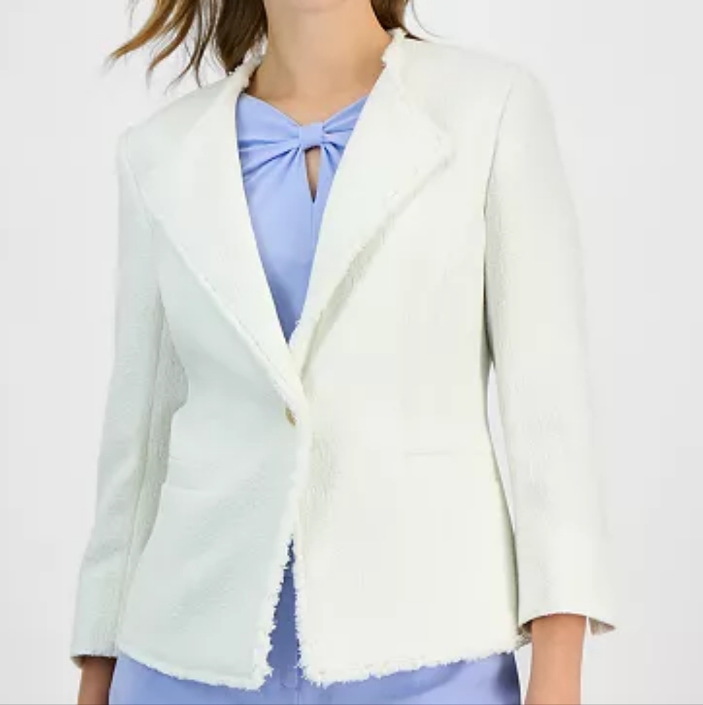 NWT - Kasper Tweed One Button Vanilla White Fringe Blazer - Size 16